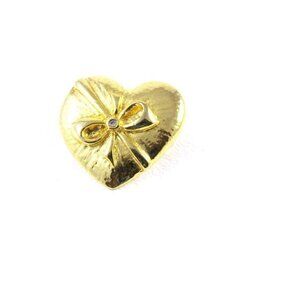 Heart-Shaped Gold Tone Brooch With Bow & Rhinestone Accent